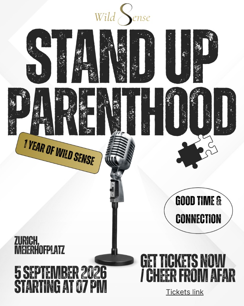 Stand-Up Parenthood save-the-date flyer: 5 September 2026 at Meierhofplatz, Zurich, starting at 7 PM
